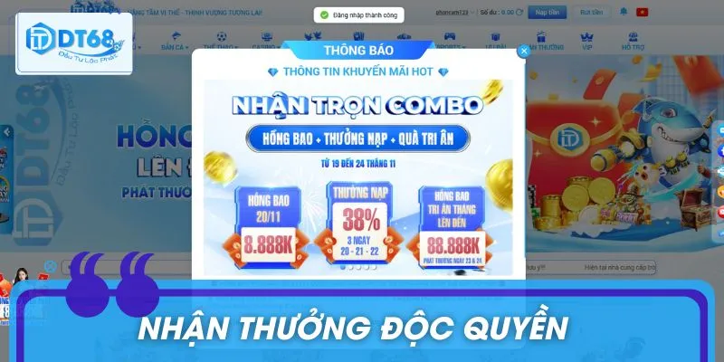 Đăng nhập DT68 để nhận loạt ưu đãi độc quyền